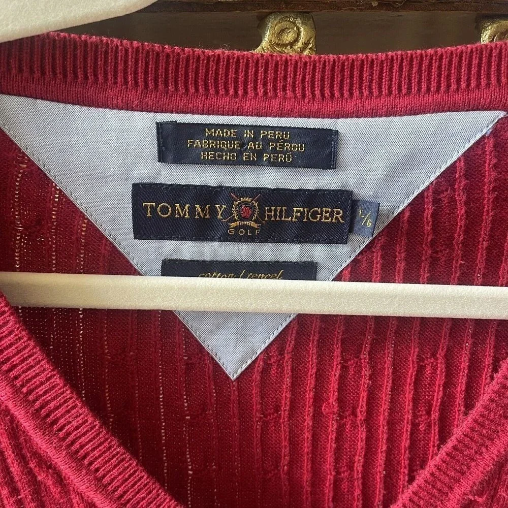 Tommy Hilfiger Cable Knit Sweater Vest Mens‎ L Red Pullover Golf Logo Preppy